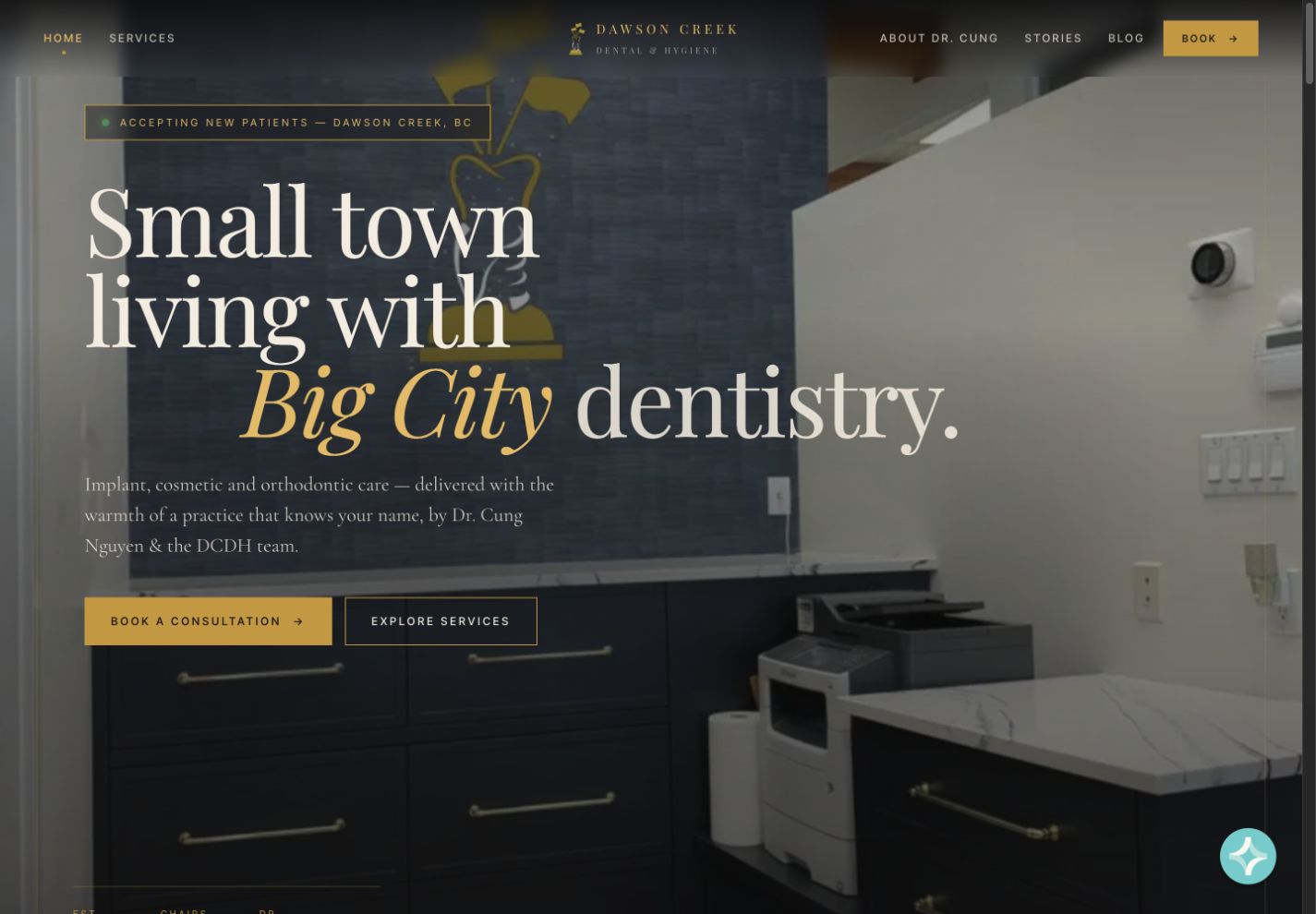 Dawson Creek Dental homepage with its black and gold design